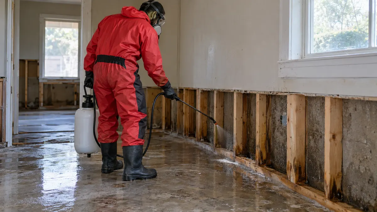 Worker in a red suit treating flood-cut wall framing after water damage