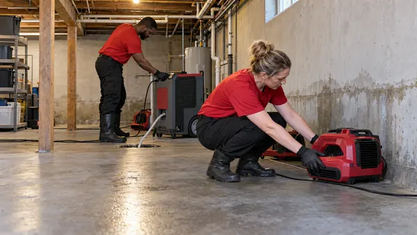 Technician and a coworker setting a red dehumidifier and air mover against a damp concrete basement wall