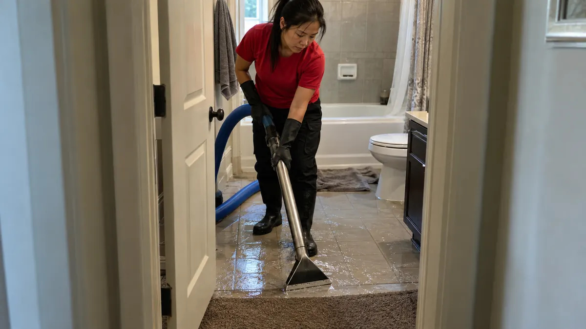 Technician using a wand extractor on a wet bathroom floor and carpet edge in an unoccupied home after a pipe failure