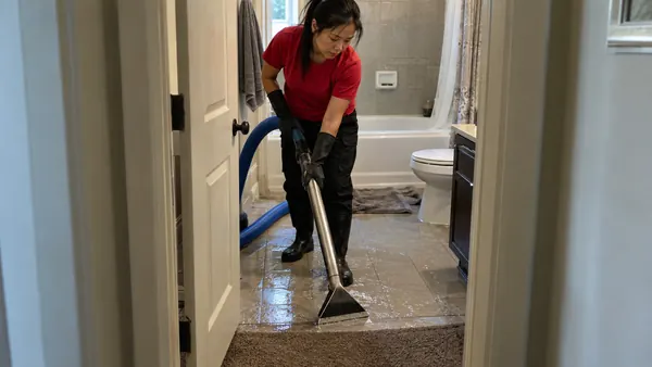 Technician using a wand extractor on a wet bathroom floor and carpet edge in a rental unit