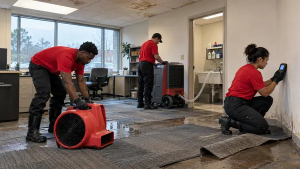 Three technicians in red shirts working in a carpeted office, one with an air mover, one beside a dehumidifier, one reading a wall with a meter