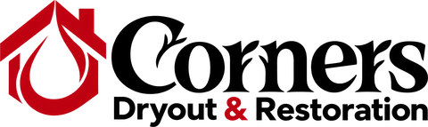 Corners Dryout & Restoration logo with a red house and water droplet