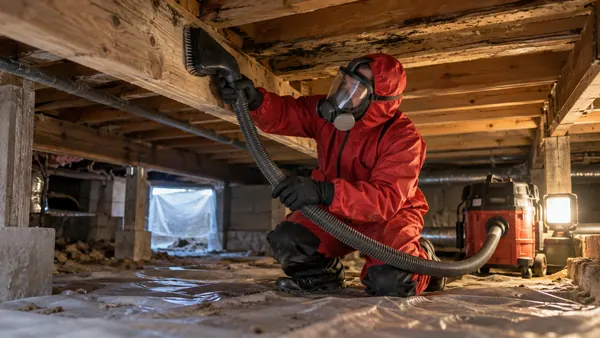 Worker in a respirator and red suit HEPA-vacuuming dark mold from wooden floor joists in a crawl space with a plastic vapor barrier on the ground