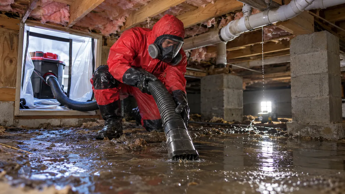 Worker in a hooded red suit and respirator pumping muddy black water out of a flooded crawl space past block piers and pink insulation