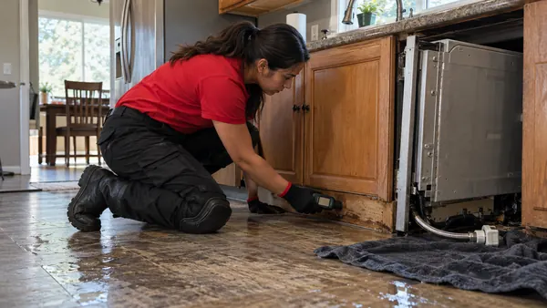 Technician kneeling beside a dishwasher cabinet, checking a swollen toe kick with a moisture meter on a wet kitchen floor