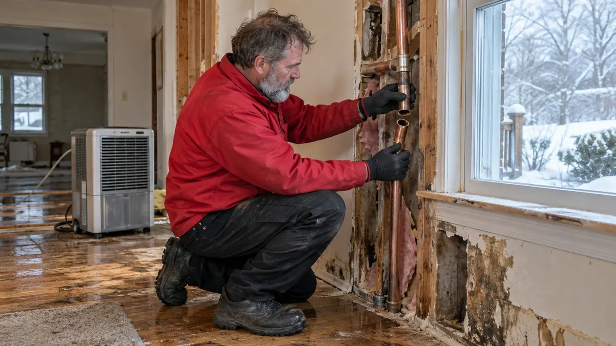 Technician in a red jacket kneeling at an opened wall where a split copper pipe is exposed, with a dehumidifier and snowy window behind him