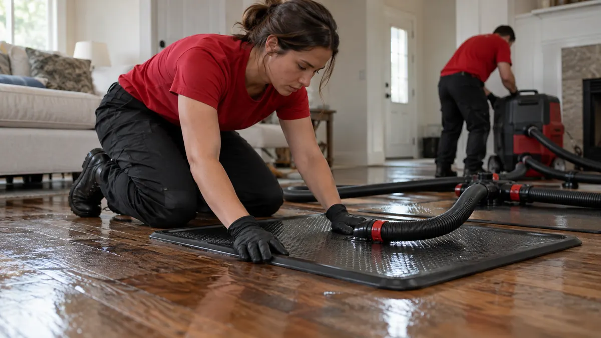 Technician pressing a black rubber drying mat flat on a wet hardwood floor with a vacuum hose attached, while a second tech sets up equipment behind her