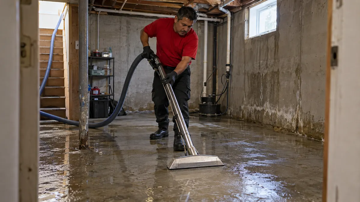 Technician extracting groundwater from a Norcross-style basement slab beside a mineral-streaked concrete wall