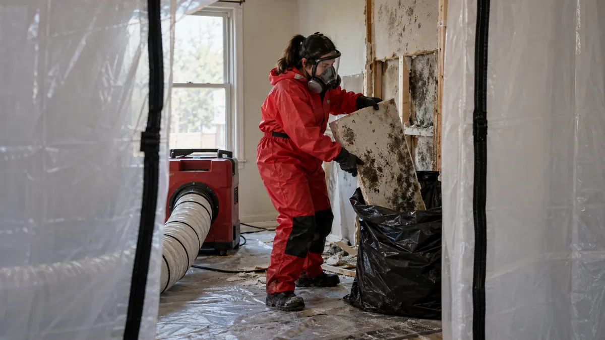 Worker in a red hooded suit and respirator removing mold-stained wall material inside sealed plastic sheeting with an air scrubber beside her