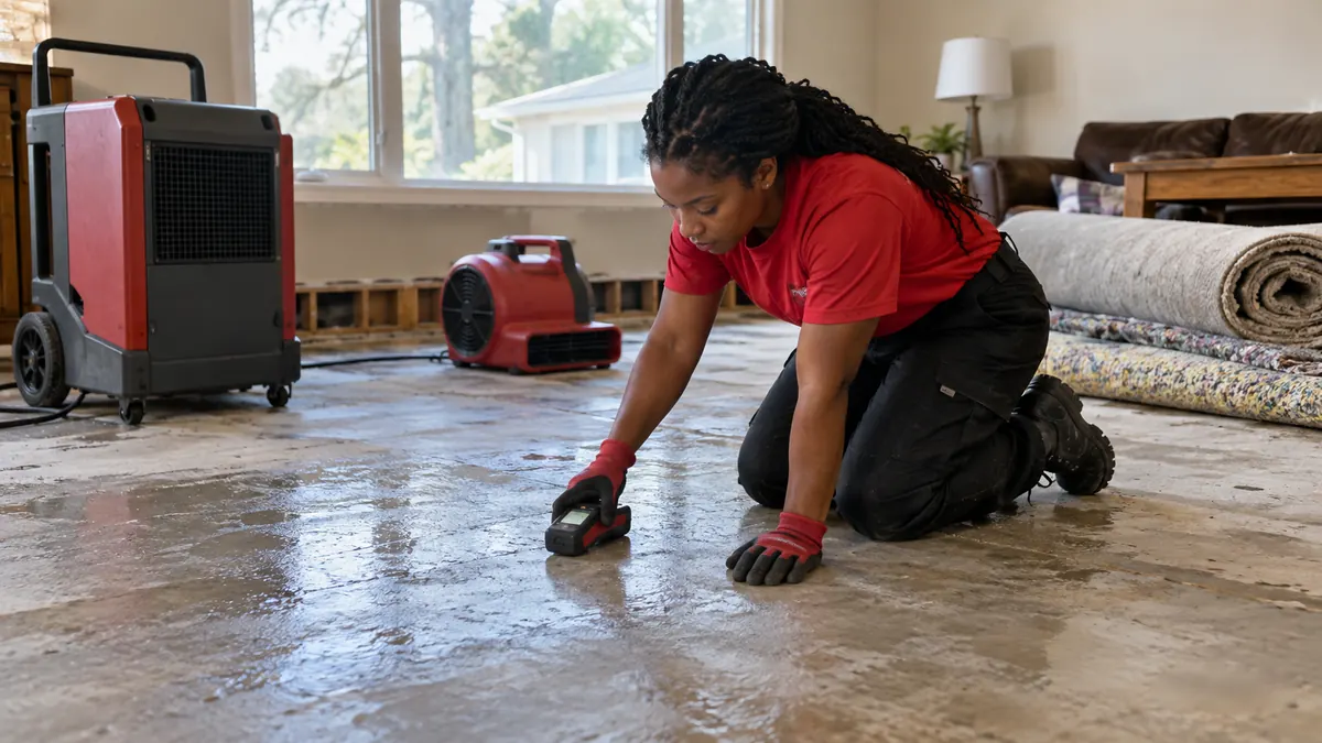 Technician reading moisture on a bare concrete slab in a slab-on-grade ranch like those in Lilburn