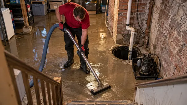 Technician using a wand extractor on a basement slab next to an open sump pit and brick wall during cleanup
