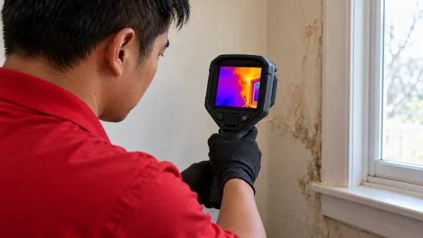 Technician in a red shirt holding an infrared thermal camera up to a stained wall beside a window, the screen showing a cool purple moisture patch