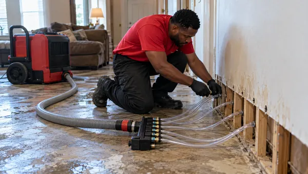 Technician kneeling by a lower wall with small holes drilled at the baseboard, connecting clear drying hoses from a manifold to a red dehumidifier