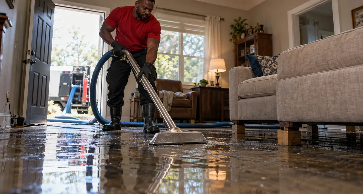 Technician in a red shirt extracting water from a flooded living room floor